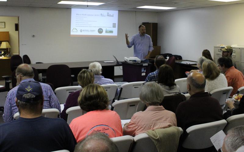Mayland Community College Small Business Center Director Allen Cook speaks Thursday, Oct. 10, during the first Bakersville Business Breakfast at the County Administration Building. (MNJ photo/Brandon Roberts)