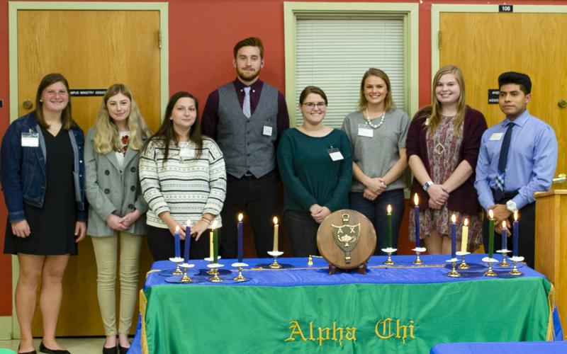 Fall 2019 inductees into Mars Hill University’s chapter of Alpha Chi National College Honor Society are, from left, Ashley Collins, Kaylee McMurray, Allison Tomlin, Devin Thorpe, Annastasia Shell, Jessica Minton, Alyssa Jenkins and Roman Rojas Becerril. Not pictured are Matthew Kowalczyk, Jared Mathewson and Austin Treadway. (Submitted)