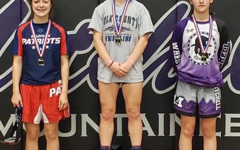 Mitchell freshman Halley Wheeler, right, earned a second-place finish in the 106-pound weight class at the Western highlands Conference Tournament. (Submitted)