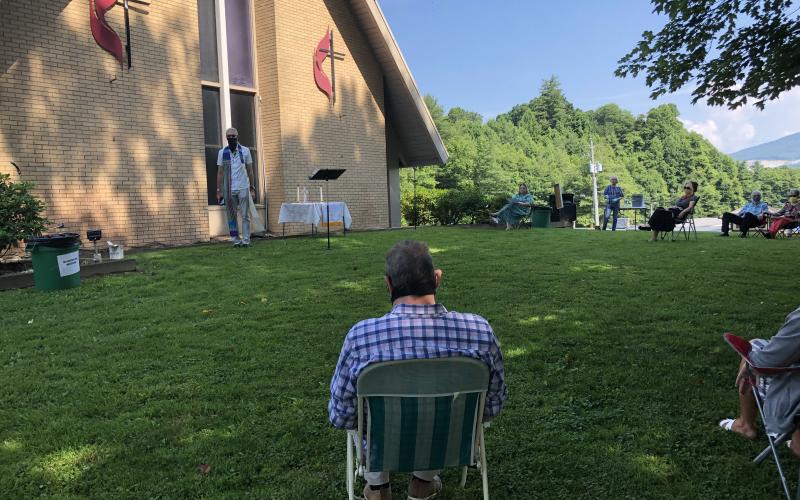 Spruce Pine United Methodist Church Rev. Rick Schilling gives a sermon at the church’s first in-person service since the stay-at-home order went into place in late March. (Photo/Marvin Walker)