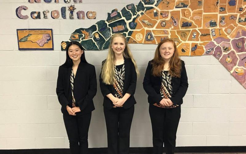 Harris Middle School students Brinkley Hodshon, Allie Johnson and Ivy Young earned a first-place finish at the Future Business Leaders of America Nationals earlier this month. (Submitted photo)