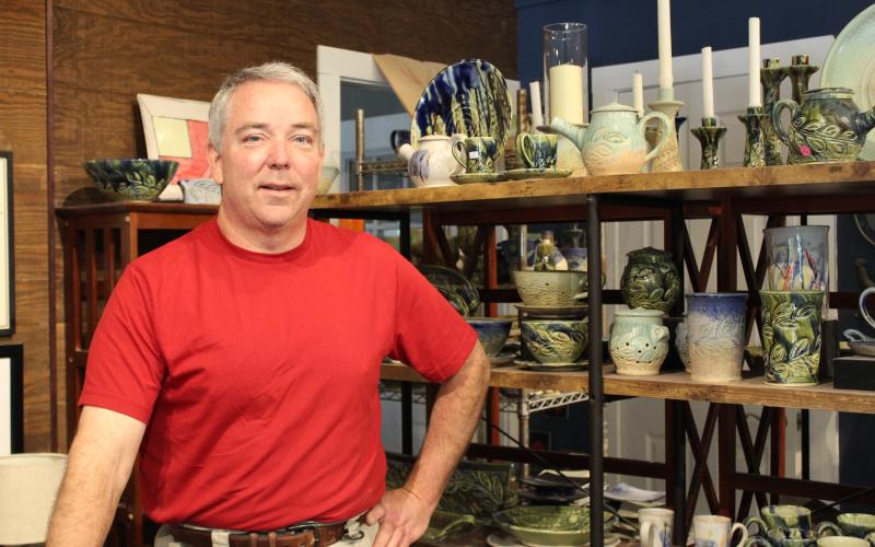 MNJ Photos/ Juliana Walker: Robbie Bell, owner of Speckled Dog Pottery, said he has sold a decent amount of his work online during the past three months.
