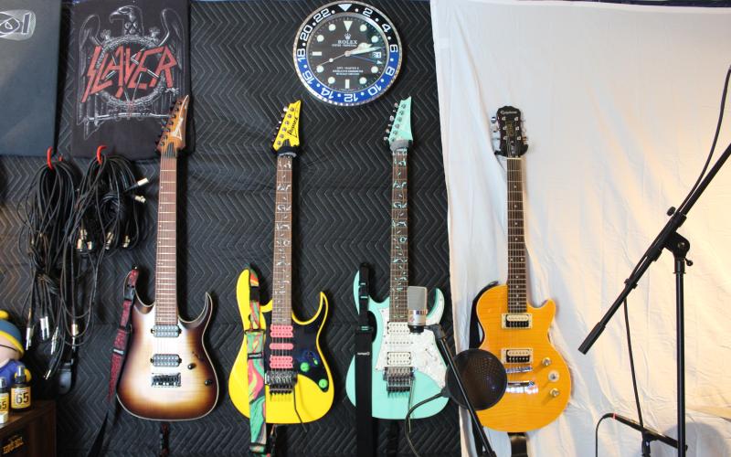 One of the walls of Josh McKinney’s new recording studio sits adorned with guitars. The studio, located on Humpback Mountain Road, is full of musical equipment and instruments. (MNJ photo/Juliana Walker)