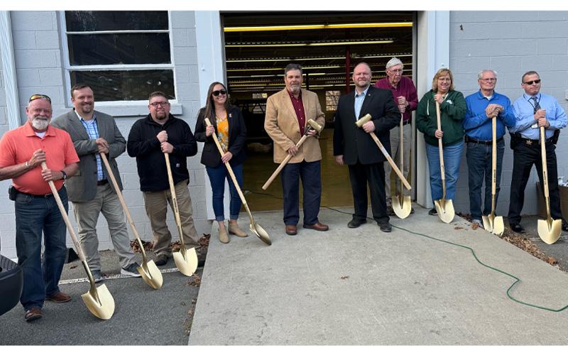 MNJ photo/ Laz Aguayo. The county is prepared to begin renovations on the new Law Enforcement Center in Bakersville. On hand for the ceremonial groundbreaking were Jeff Harding, Brandon Pittman, Clayton Roberts, Harley Masters, Representative Dudley Green, Senator Ralph Hise, Lloyd Hise, Darla Harding, Chuck Vines, Sheriff Donald Street, and Allen Cook (not pictured).