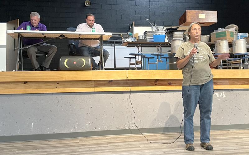 MNJ photo/Mariel Williams. Community member Starli McDowell speaks at a recent public meeting to discuss the future of the old Harris and Deyton school buildings.