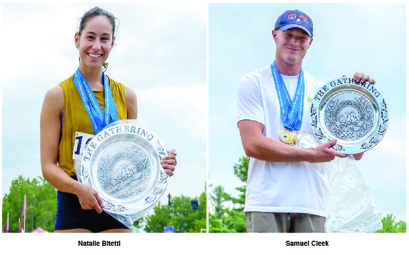 Photo Courtesy of Grandfather Mountain Stewardship Foundation / Skip Sickler Natalie Bitetti from La Crescenta, California, receives Track and Field Outstanding Women’s Athlete honors at the 2024 Grandfather Mountain Highland Games. She placed first in three events. Samuel Cleek from Kingsport, Tennessee, receives Track and Field Outstanding Men’s Athlete honors at the 2024 Grandfather Mountain Highland Games. Cleek placed first in five different events.