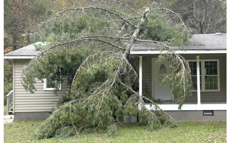 CNI photo/Randy Foster/editor@cherokeescout.com. A fallen tree damaged a house off Crabtree Road west of Little Switzerland.