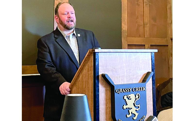 MNJ photo/Mariel Williams.  State Sen. Ralph Hise speaks to the Mitchell County Chamber of Commerce and members of the community.
