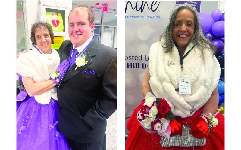 MNJ Photos/Laz Aguayo.  From left: Luke Forbes escorts Carolynn Forbes in royal purple at “A Night to Shine.” Tammy Scott graces the red carpet with a bedazzled red gown and crown.