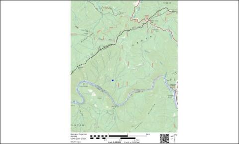 A map of the area in Northwest Mitchell County where the couple was lost. Their location was the blue dot and their car was parked at the NC/TN border on Highway 197. 