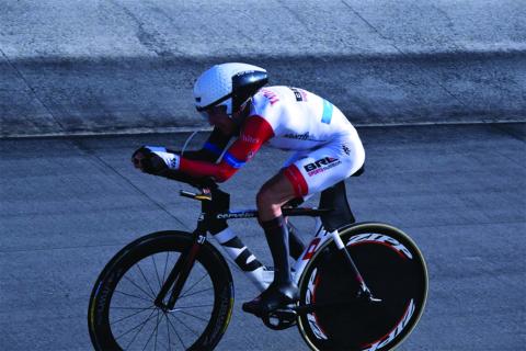 Bakersville cyclist Marc Poland pedals on during his recent world record attempt at Bristol Motor Speedway. Poland set the record for the fastest 100-kilometer ride by a male cyclist in the 60 to 69-year-old age group with a time of two hours and 31 minutes. Poland rode at an average of 24.64 miles per hour and was supported by a crew of local friends and cycling enthusiasts. (Submitted photo)