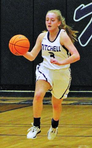 Mitchell’s Jill Pittman dribbles down the floor and looks to make a play during a game in the 2019 season. Pittman will play at Brenau College after graduation, she announced. (MNJ file photo)