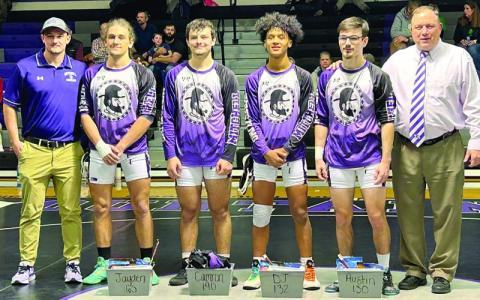 Photo/Ed Duncan.  2024 Mitchell Wrestling Seniors (left to right): Jayden Burleson, Camron Cook, DJ Pugh, and Austin Styles.