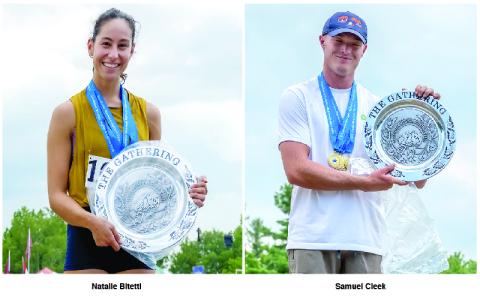 Photo Courtesy of Grandfather Mountain Stewardship Foundation / Skip Sickler Natalie Bitetti from La Crescenta, California, receives Track and Field Outstanding Women’s Athlete honors at the 2024 Grandfather Mountain Highland Games. She placed first in three events. Samuel Cleek from Kingsport, Tennessee, receives Track and Field Outstanding Men’s Athlete honors at the 2024 Grandfather Mountain Highland Games. Cleek placed first in five different events. 