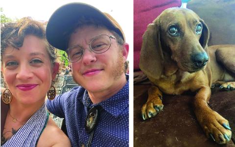 Submitted photos.  Left: Flood victims Alison Wisely and Knox Petrucci had planned to get married in November. Wisely and Petrucci lived along the North Toe River on Relief Road Extension. Right: Community members are asked to keep an eye out for Moonpie, a female red hound who was last seen on Relief Road Extension in September. Moonpie’s owners, the Wisely and Petrucci family, were lost in the flood.