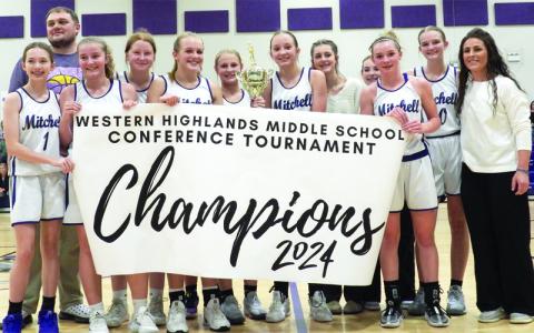The Lady Miners are your 2024 Mitchell Middle School Western Highlands Conference Tournament Champions.