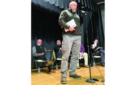 MNJ Photo/Mariel Williams.  Mitchell County Manager Allen Cook speaks at a town hall meeting in Bakersville.