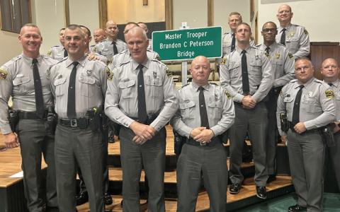 MNJ Photo/Noreen Nickolas.  The majority of state troopers who attended the dedication ceremony were from Avery, Mitchell, Yancey and Madison counties.