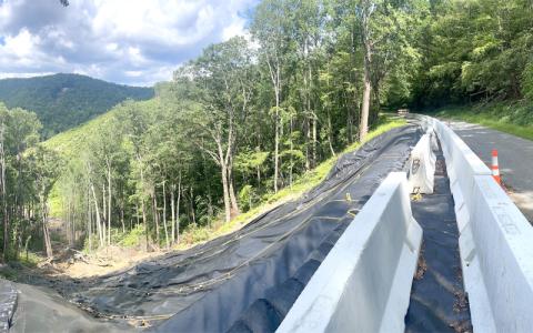 MNJ Photo/Mariel Williams.  The National Park Service is still working to repair numerous landslides on the Blue Ridge Parkway, such as this one near Buck Creek Gap in Yancey County.