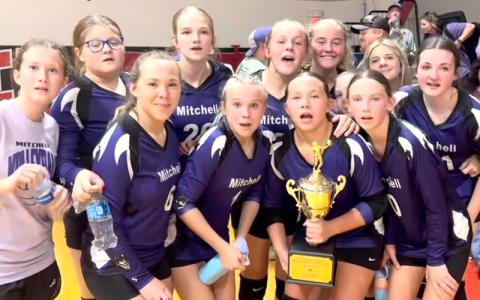 Submitted photo. The Mitchell Middle School Miners fought three tough sets agains the Cane River Rebels and won recently, becoming tournament champions for the Western Highlands Middle School Conference.