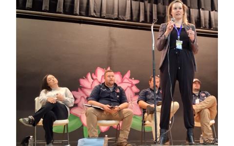 MNJ Photo/Kiesa Kay.  Raelin Allen, of Renew NC, speaks at a recent “Town Hall Meeting” covering storm recovery in Mitchell County.