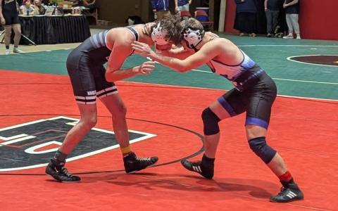 Submitted photo.  Mitchell High School’s varsity Mountaineers boys’ wrestling squad competed at the Great Smoky Mountain Grapple recently. Several team members won matches on day two of the event. 