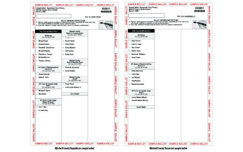 Samples of the Mitchell County Republican (left) and Democratic (right) ballots.
