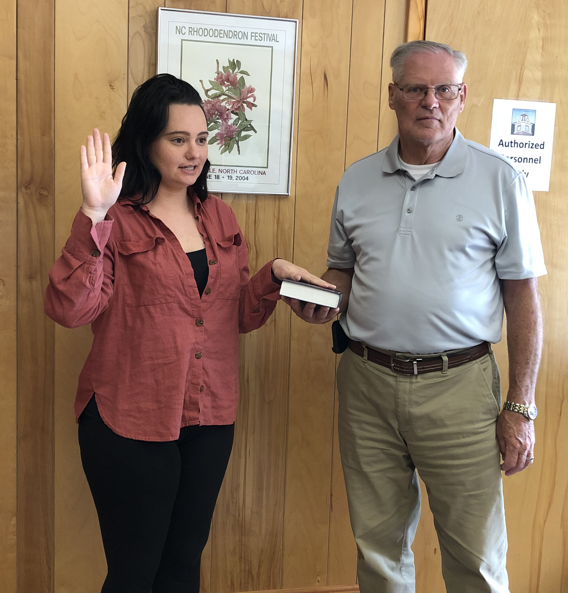 Mitchell County native Abby Garland is sworn into office Tuesday, July 28 by Bakersville Mayor Charles Vines. (Submitted photo)