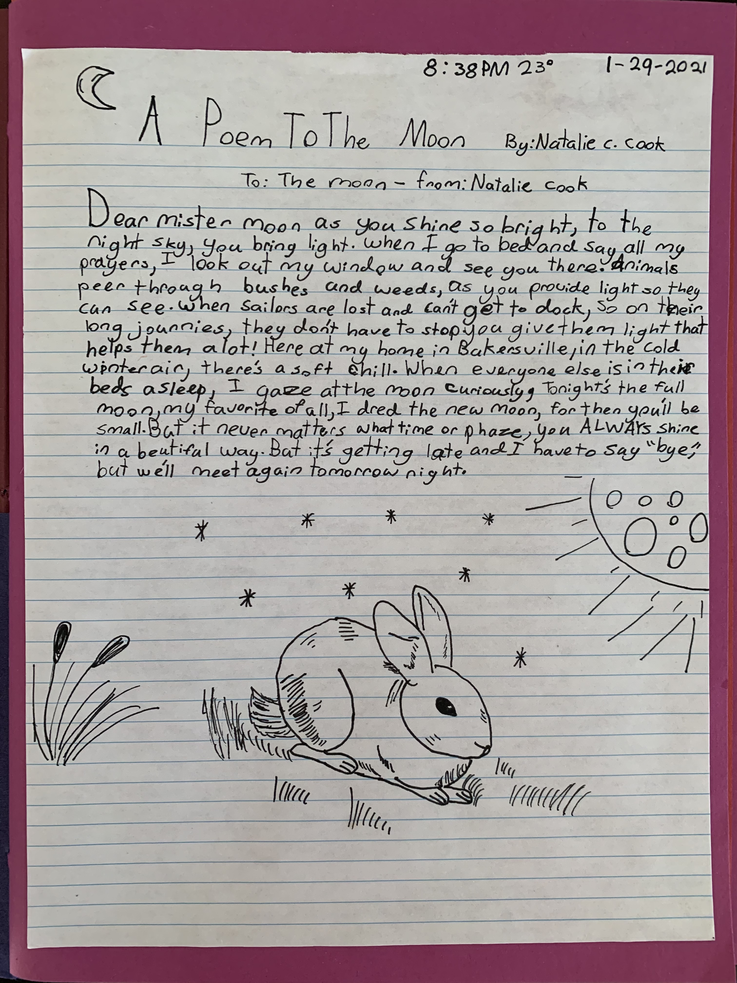 Natalie Cook’s journal entry from Jan. 28 was a poem she wrote about the moon. (Submitted)