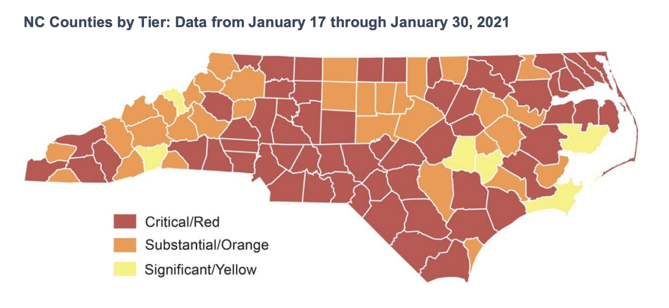 As of Jan. 30, Mitchell County is no longer considered a ‘red tier’ county by the North Carolina Department of Health and Human Services. The county is now classified as ‘yellow tier’ meaning there is significant community spread. (NCDHHS)