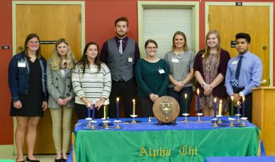 Fall 2019 inductees into Mars Hill University’s chapter of Alpha Chi National College Honor Society are, from left, Ashley Collins, Kaylee McMurray, Allison Tomlin, Devin Thorpe, Annastasia Shell, Jessica Minton, Alyssa Jenkins and Roman Rojas Becerril. Not pictured are Matthew Kowalczyk, Jared Mathewson and Austin Treadway. (Submitted)