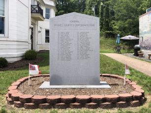 The Confederate Monument, named the “Mitchell County Confederate Dead,” sits outside of the historic county courthouse in Bakersville. (MNJ photo/Juliana Walker)